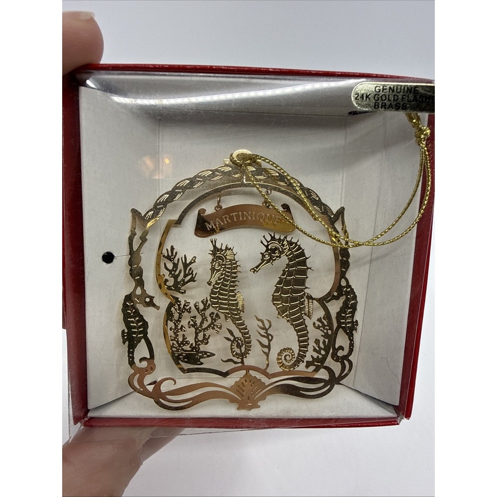 Martinique Christmas Ornament Seahorses 24K Gold Finish Brass In Box